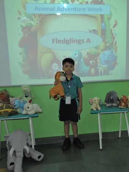 A student proudly stands with his collection of stuffed animals for Animal Adventure Week. We encourage children to bring their favorite toys to share and talk about.
