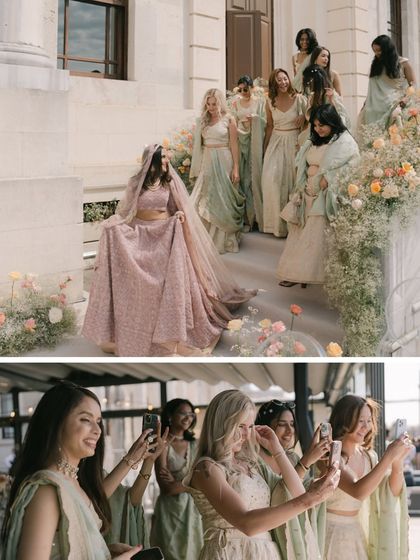 A two-part story of a bride and her bridesmaids. The top frame shows her grand entrance, while the bottom captures a candid moment of them taking selfies, a perfect blend of formal and fun.