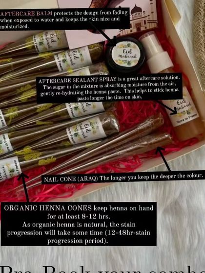 An annotated look inside one of my Eid kits, explaining the purpose of each product: organic cones, nail cones, aftercare balm, and sealant spray.