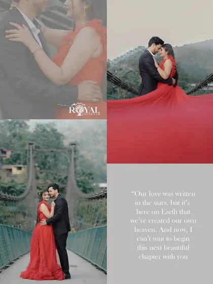 A collage that combines grand, sweeping shots of a red gown on the bridge with intimate, close-up moments.