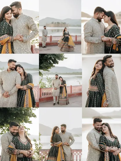 A comprehensive collage from a Jal Mahal pre-wedding shoot, filled with candid smiles, romantic poses, and beautiful scenery.