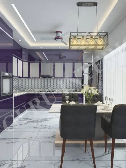 A bold and modern kitchen concept designed in 3D, featuring high-gloss purple cabinets and a patterned backsplash. The design includes an integrated dining table for a compact and efficient layout.