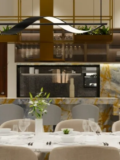A stunning kitchen and dining layout where the vibrant Italian marble of the kitchen serves as a beautiful backdrop for the entire space.