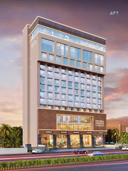 A render of the Four Points Hotel in Nashik. The design features a modern facade with retail at the ground level, creating a mixed-use hospitality destination.