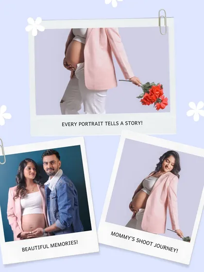 A fun, scrapbook-style collage that captures the journey of a mommy's photoshoot, featuring solo portraits and a sweet couple shot.