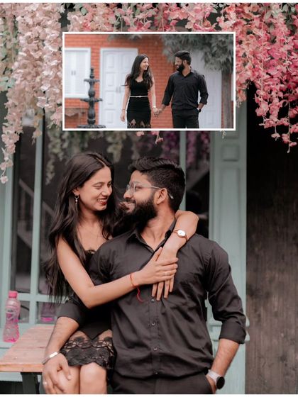 A creative collage blending a wide shot with a close-up. The couple's embrace is framed by beautiful pink blossoms, adding a touch of softness and romance.