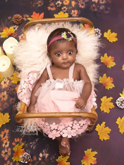 An autumn-themed newborn or sitter session. The warm colors of the fall leaves, soft fur, and gentle lighting create a cozy and beautiful portrait.