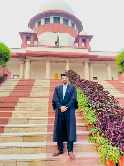 Standing before the Supreme Court of India, where I practice. I believe advocacy is a noble profession that requires unwavering devotion and sincerity to uphold justice for my clients.