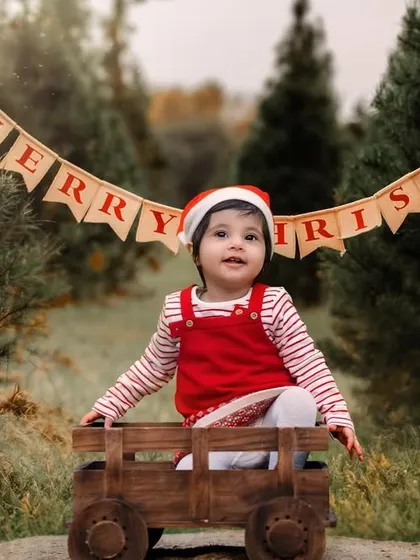 Merry Christmas from this adorable little one. The festive banner and her sweet smile make this a perfect holiday portrait.