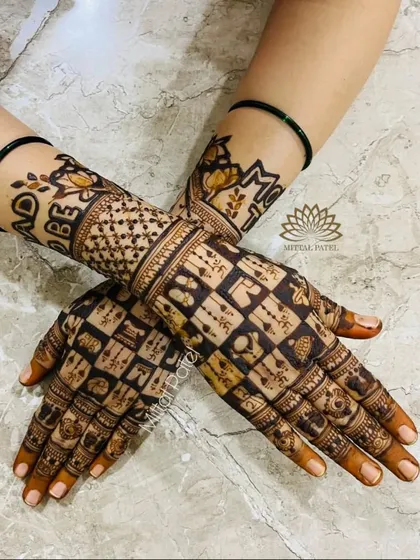 The back of the hands for a baby shower, featuring "Mom to be" and "Dad to be" on the arms. The hands have a checkerboard pattern with various baby related symbols.