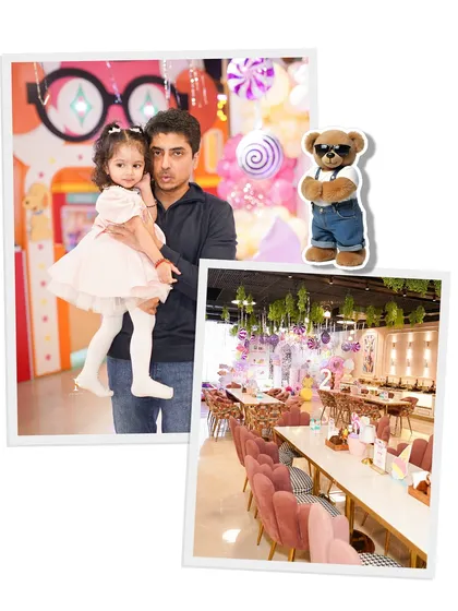 A collage showing our beautiful dining area with its plush pink chairs and elegant table settings, alongside a father and daughter enjoying the party. We blend style with family fun.