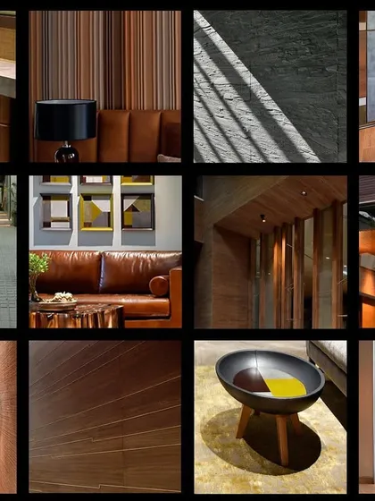 This collage condenses the materiality of a home into a single frame. It highlights the richness of leather, the grain of wood, the coolness of stone, and the gleam of copper, revealing the sensory palette I work with.