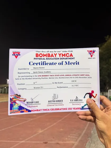 The official certificate of merit for Sharon's 100m silver medal performance at the 47th Bombay YMCA State Level Annual Athletic Meet.