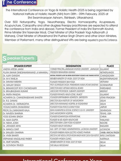 The list of esteemed speakers and experts for the International Conference on Yoga & Holistic Health. I am honored to be included among such distinguished practitioners from around the world.