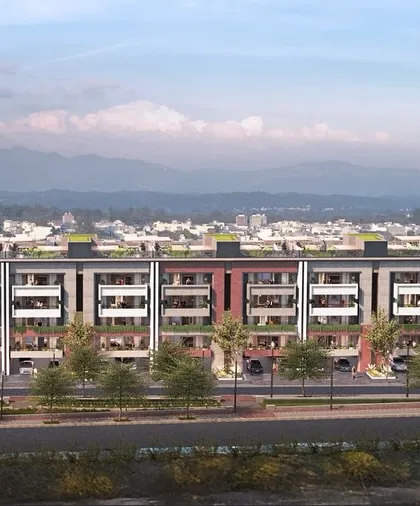 A render of the Gulnaar Lifestyle housing project, defined by its clean geometry, red brick accents, and a strong connection to the surrounding greenery.