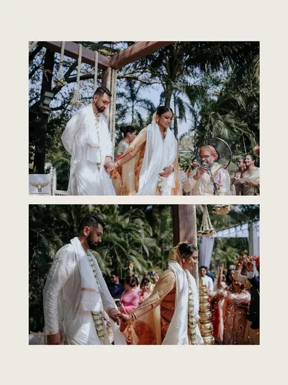 The 'saat phere' or seven steps. This collage captures the couple taking their first steps as husband and wife, a pivotal moment in a Hindu wedding ceremony.