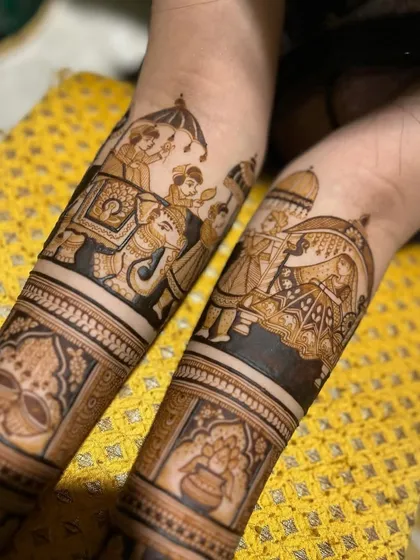 A beautiful baraat scene with the groom on an elephant, and a doli scene for the bride.