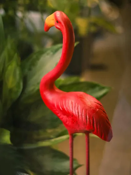 Add a pop of playful color to your urban jungle. This bright pink flamingo figurine stands tall among green foliage, bringing a fun, tropical accent to your indoor plant collection.