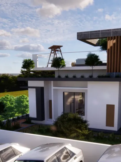 A view of the villa's entrance and parking area, demonstrating how the design considers practical needs without compromising on style. The combination of white render, wood accents, and clean geometry is consistent across the entire structure.