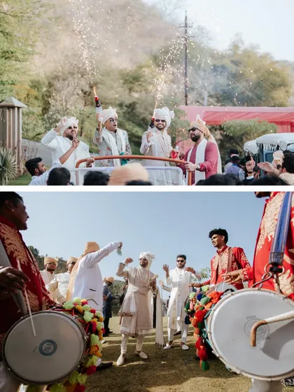 The groom's procession includes dhol players and cold-sparkle pyrotechnics, creating a high-energy and visually stunning baraat.