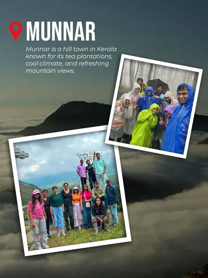 A promotional image for our Munnar trips, showing travelers enjoying the misty weather and lush green hills.