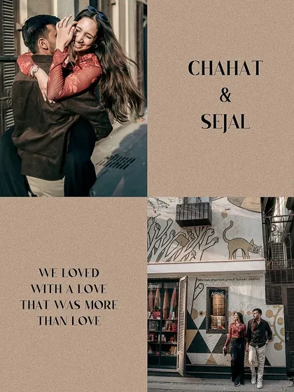 A beautifully designed collage from a Mumbai pre-wedding shoot, combining candid moments with artistic text. It tells a story of a love that is more than love.