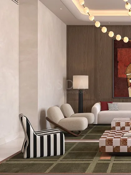 A detail shot from an upcoming project, focusing on the contrast between a bold, black-and-white striped chair and the softer forms of the surrounding furniture. This highlights my use of playful patterns in a sophisticated setting.