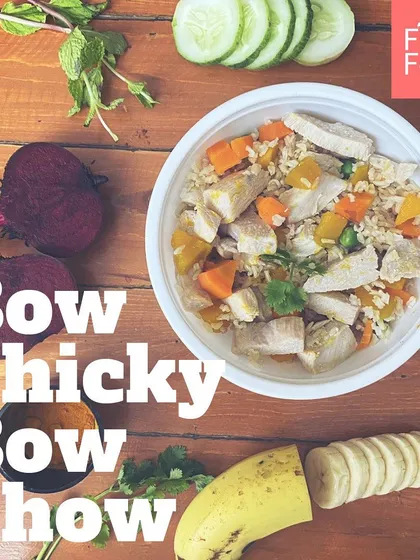This is my popular Bow Chicky Bow Chow. You can see the real chunks of chicken, brown rice, and colorful veggies like carrots and pumpkin. It's all human-grade food, made fresh for your pup.