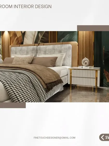 A closer look at the bed and headboard, featuring a houndstooth throw and neutral-toned pillows. The design balances the bold feature wall with softer, classic patterns and textures for a cozy feel.
