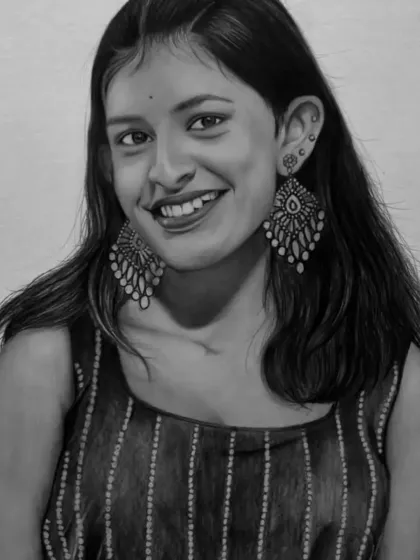 A realistic portrait showcasing a bright, happy smile. I paid special attention to the details in her large, expressive earrings, which were a key feature of the photo.