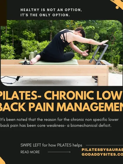 This graphic explains my approach to managing chronic low back pain, a common issue for many people working from home. I focus on correcting the root cause, which is often a biomechanical deficit due to core weakness, through targeted Pilates exercises.