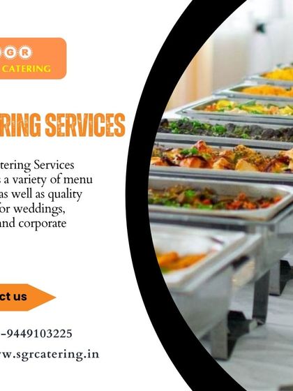 Our catering services provide a variety of menu options and quality service for weddings, parties, and corporate events. This image shows a long, well-stocked buffet line.