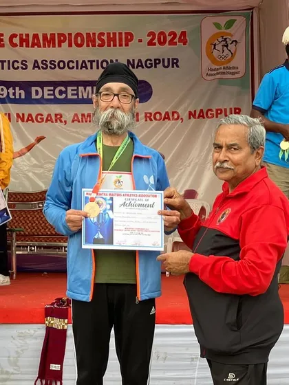 Celebrating our incredible athlete Satinder Singh receiving his medals at the masters state event in Nagpur. He won Silver in Long Jump, Silver in Triple Jump, and Bronze in the 100m Sprint.