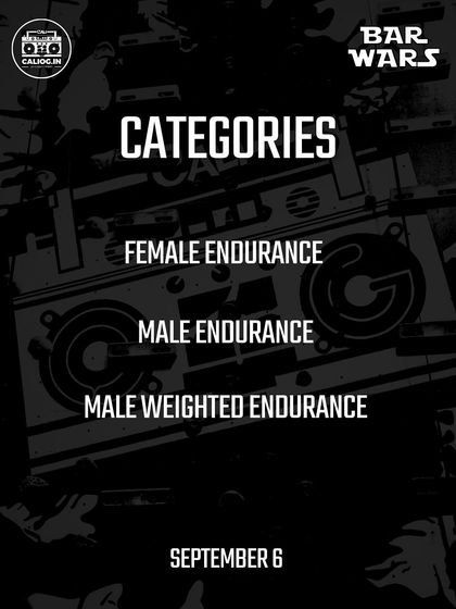 The three battlegrounds for BAR WARS: Female Endurance, Male Endurance, and Male Weighted Endurance. Each category is designed to test a different aspect of calisthenics strength and stamina. Choose your challenge.