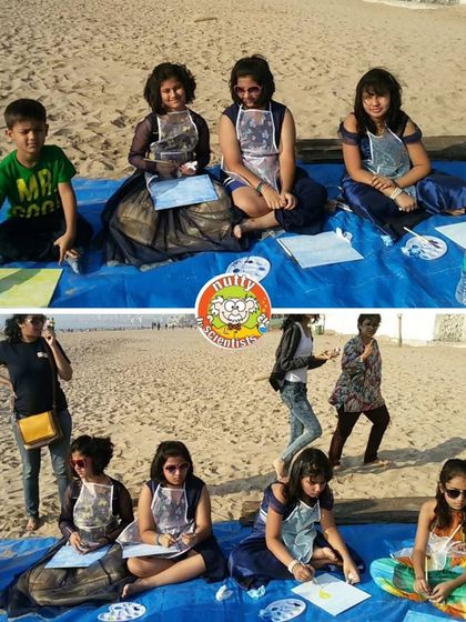 Painting by the sea. We took our art class to the beach for a birthday party, letting the kids get inspired by the waves and the open sky.