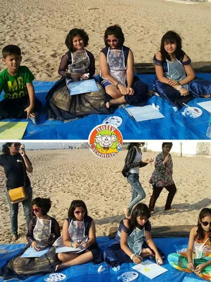 Painting by the sea. We took our art class to the beach for a birthday party, letting the kids get inspired by the waves and the open sky.