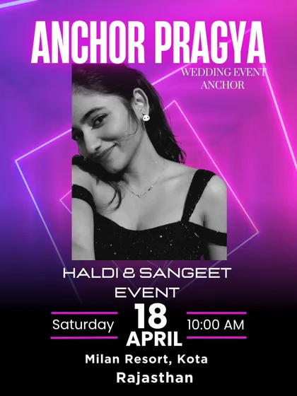 Here is an event poster from a Haldi and Sangeet I hosted in Kota, Rajasthan. Whether it's a grand hotel or a private resort, I adapt my energy to fit your unique venue and event.