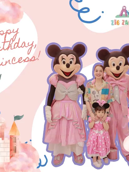 Make your little princess's birthday magical with a visit from her favorite characters. Here, a birthday girl poses with her mom and our Mickey and Minnie Mouse mascots for a picture-perfect moment.