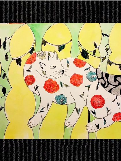 This serene cat, adorned with floral patterns, is another beautiful piece from our Japanese art project. The artist has skillfully blended traditional motifs with their own style.