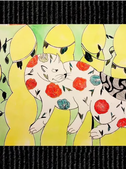 This elegant cat with floral patterns is another stunning creation from our 8 to 12-year-old group's exploration of Japanese tattoo art.