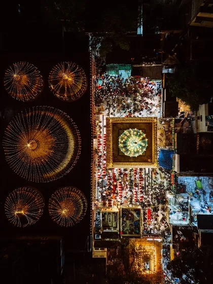 A direct overhead view of Hazrat Nizamuddin Dargah at night, with the central tomb and surrounding domes glowing like jewels. This image demonstrates my skill in capturing the intricate details and atmospheric lighting of spiritual places after dark.
