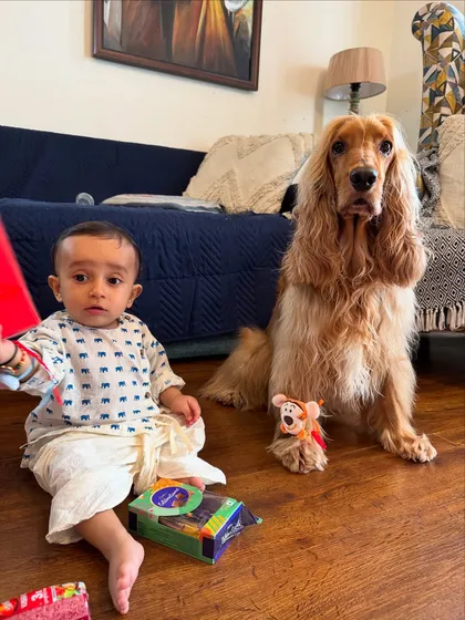 The complete Rakhi scene, with gifts, sweets, and our two adorable boys.