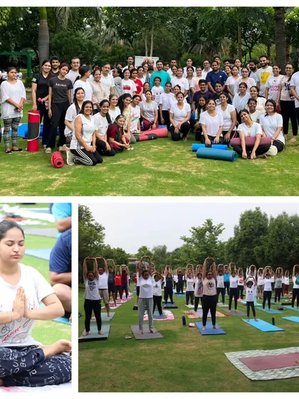 We are more than a class, we are a 'yog parivar' or a yoga family. This collage captures the spirit of our outdoor International Yoga Day celebration, where our community comes together to practice, connect, and share positive energy.