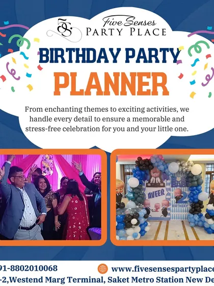 As professional birthday party planners, we handle every detail to make your celebration special. This graphic highlights our services, showing guests enjoying the party and a custom 'Boss Baby' themed balloon decoration we designed for a child's birthday.