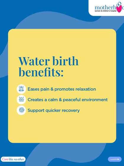 A quick summary of the key benefits of water birthing. It eases pain, promotes relaxation, creates a calm environment, and can support a quicker recovery, making it an appealing choice for many expecting mothers.