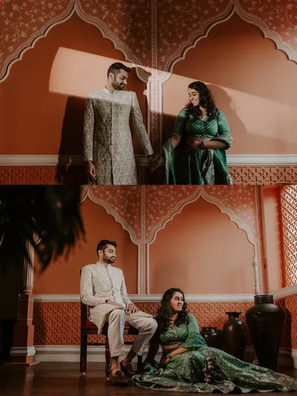 A diptych of the couple, showcasing their interaction and poses against a warm, decorative backdrop.