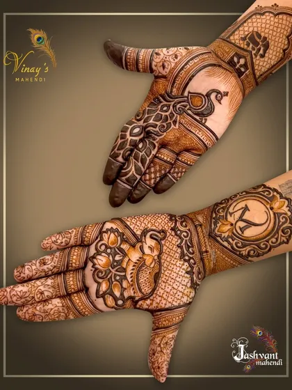 A creative design with a peacock on the back of one hand and a custom initial 'K' on the other. This is a great way to personalize your mehndi.