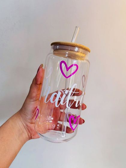 Another custom glass tumbler design, this time with the name "Maitri" and cute purple hearts. These make great personalized gifts for birthdays or any occasion.