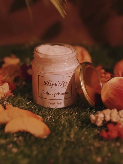Our "Not Your Basic Peach" collection, a collaboration with Justdeepdrama. This is the Peach Puff Whipped Bath Crème, part of a full range of peachy essentials.