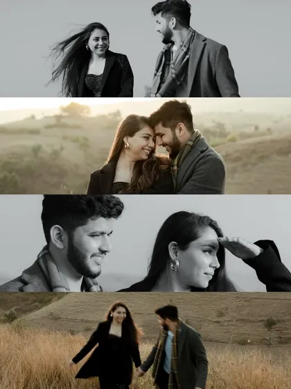 A collage of moments from a pre-wedding shoot in the rolling hills. The mix of black and white and color shots captures the couple's playful and romantic interactions in a beautiful, open landscape.